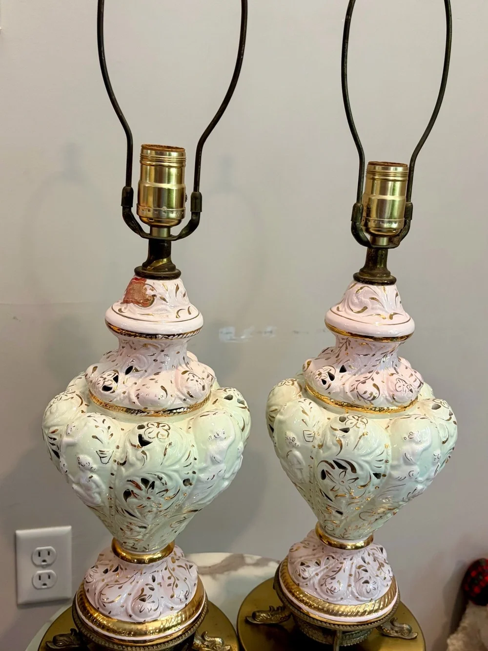 Vintage Capadimante Cherub Pink /Cream Porcelain Table Lamp Pair with koi feet